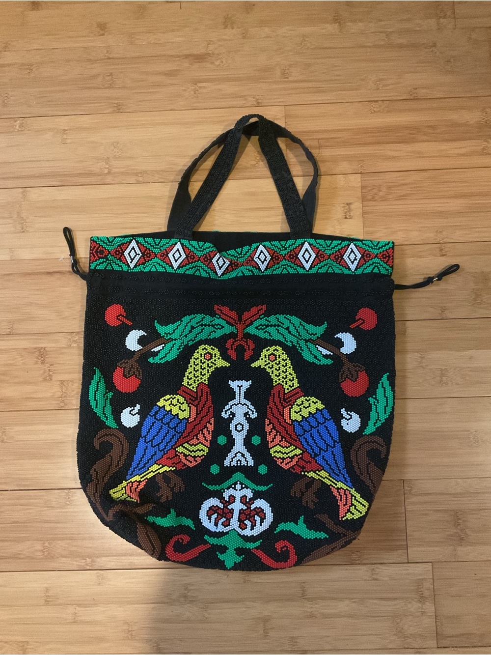 Fully Beaded Tote Bag in Black with Multicolor Design